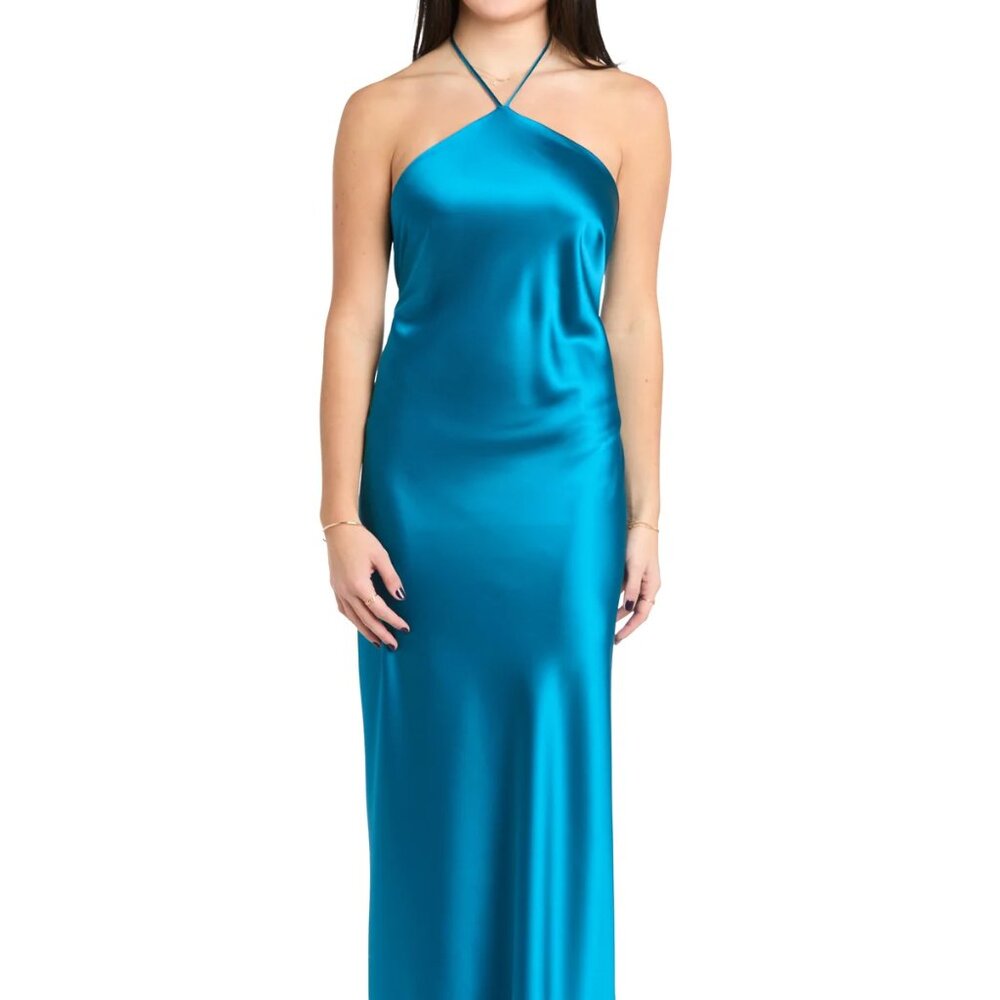 Teal High Neck Satin Formal dress